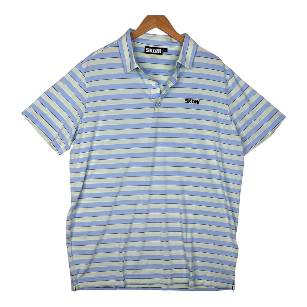 SKONI Polo Shirt Mens XL Blue Striped Golf Performance Stretch Short Sleeve
